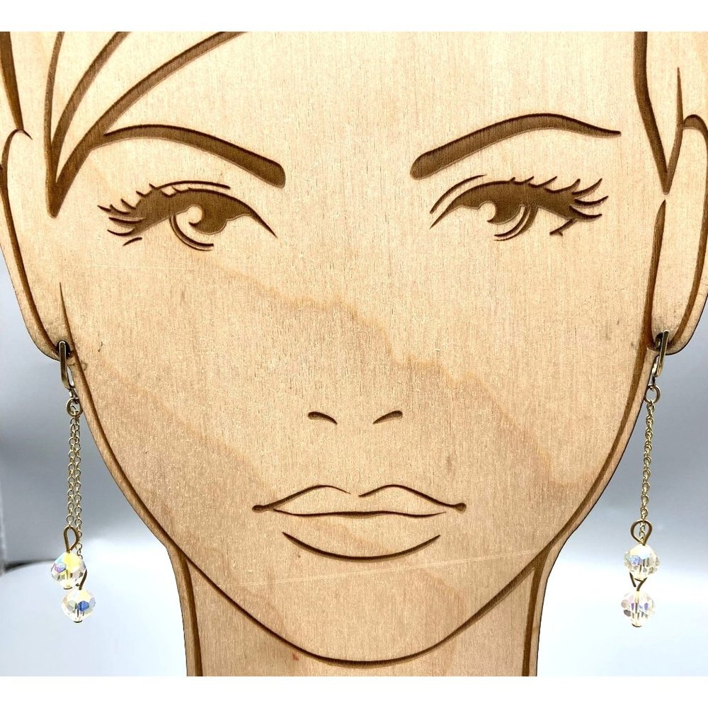 Vintage Long Dangle Crystal Earrings, Double AB Faceted Bead Drop on Gold Tone